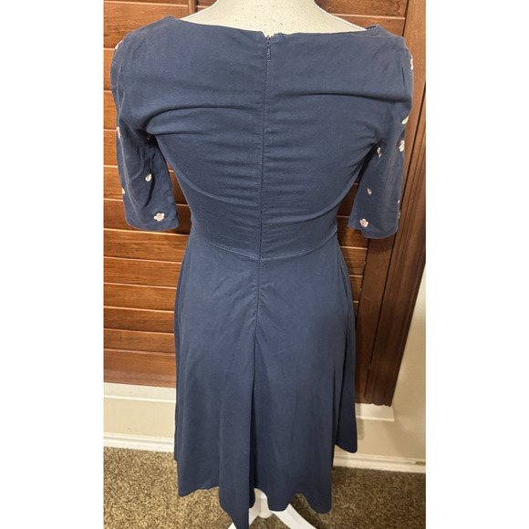eShakti Navy blue Embroidered Dress Size 0 XS Fit & Flare cotton stretch - Picture 4 of 7